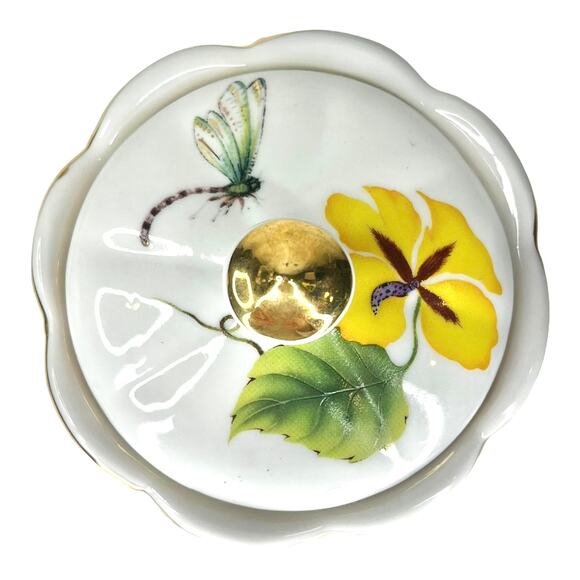 VTG I. Godinger & Co VANITY CANISTER + LID 4" Dragonfly Bee Flowers Gold Tivoli - Picture 2 of 9